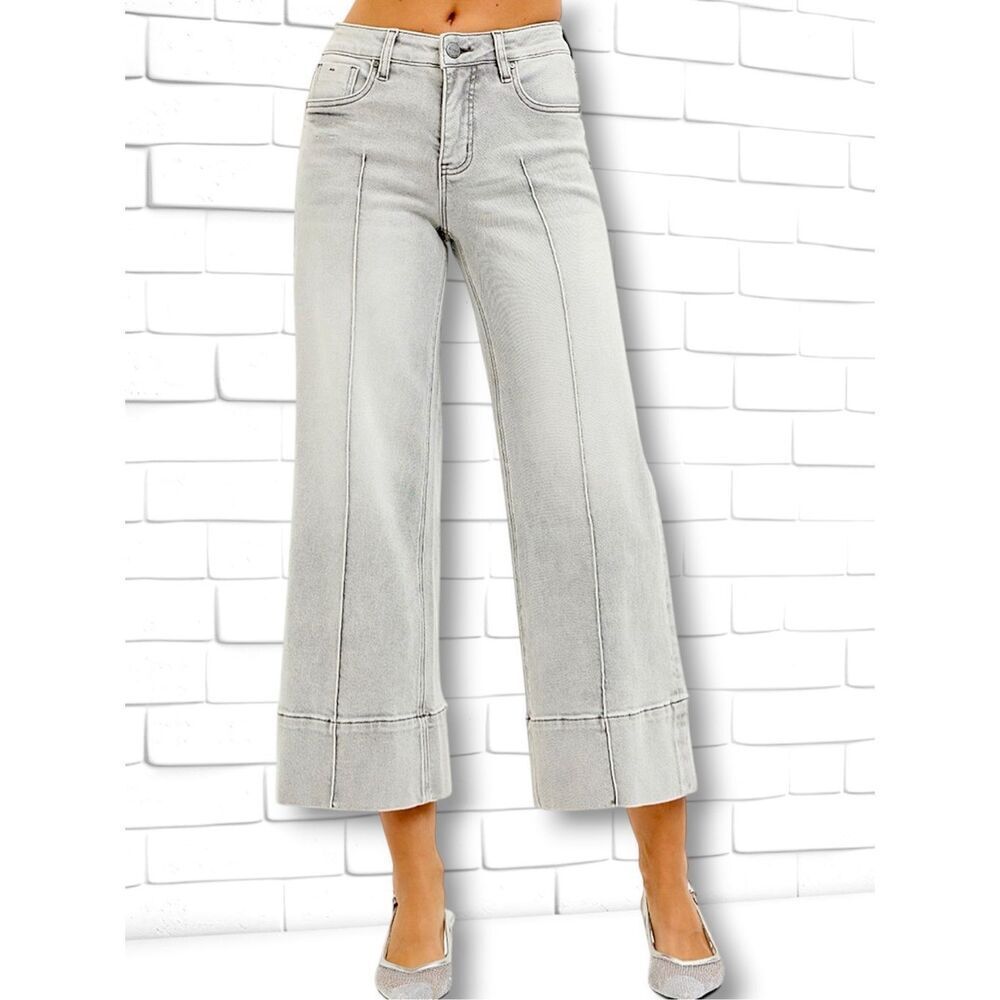 Risen Light Gray Pintuck Front Wide Leg Crop Jeans Mid Rise Tummy Control NWT - Picture 2 of 9